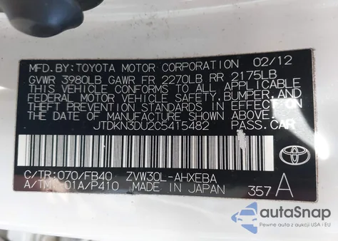 2012 Toyota Prius Three from USA, damaged, VIN JTDKN3DU2C5415482